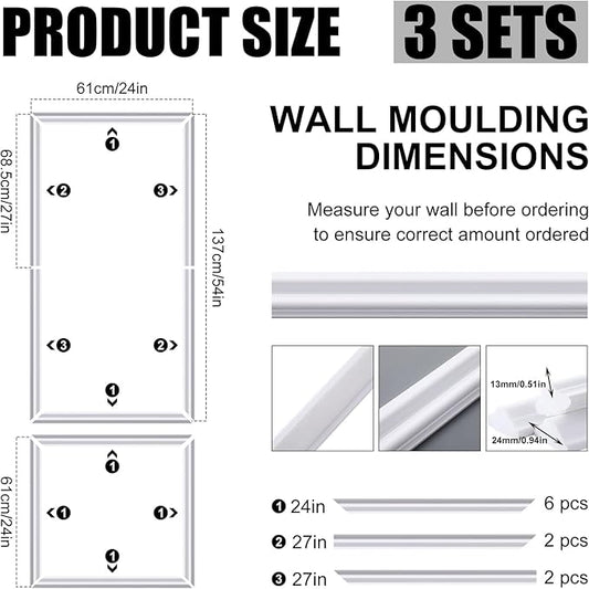 Pangda 3 Set Peel and Stick Wall Molding Kit, 3D Premade Accent Molding Wainscoting Panel for Interior Wall Moulding Decor, Ready to Assemble Wainscoting Accent Panel (24 x 54in)