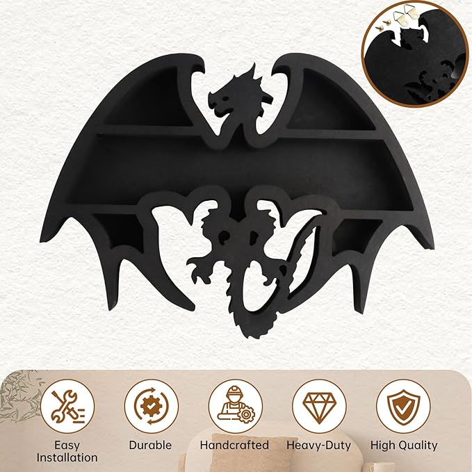 Wooden Floating Shelf Dragon Design Unique Room Decor Crystal & Rock Display Shelf, Floating Wall Shelves with Dragon Design for Rocks, Crystals, Oils, Stones, Plants 14x9.4inch