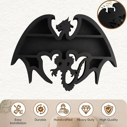 Wooden Floating Shelf Dragon Design Unique Room Decor Crystal & Rock Display Shelf, Floating Wall Shelves with Dragon Design for Rocks, Crystals, Oils, Stones, Plants 14x9.4inch