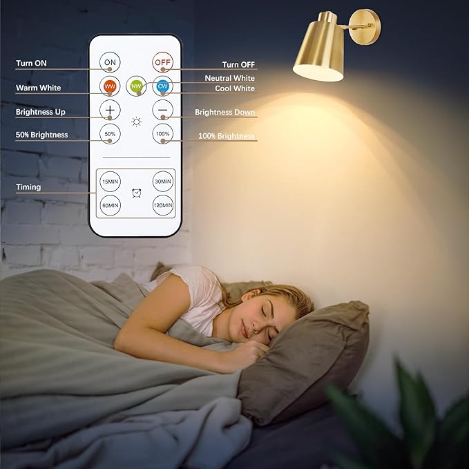 Battery Operated Wall Sconces Set of 2, Dimmable LED Wall Lights with Remote Control, Indoor Sconce Wall Lighting 3000K/4000K/6000K Adjustable Gold Wall Mounted Lamps for Bedroom Living Room Hallway