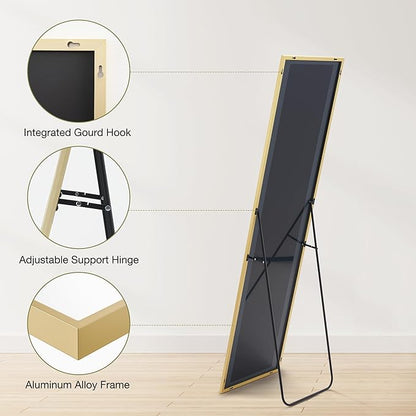 OLIXIS Full Length Gold Mirror 59.1"x16" for Bedroom, Full Body Mirror with Stand, Hanging or Leaning for Wall, Aluminum Alloy Thin Frame Floor Standing for Living Room, Long