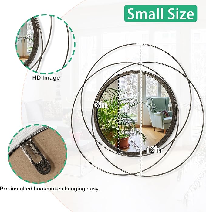 Circle Mirror Wall Decorative Metal Wall Mirror, Art Small Round Wall Home Mirror, Decor Living Room Bedroom Bathroom Entryway 12