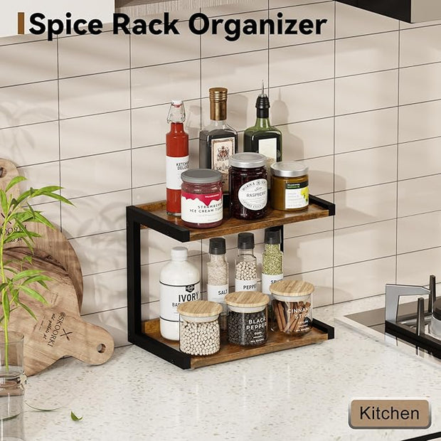 MARTY 2 Tier 12.6"x7.7" Counter Shelf Organizer Kitchen Spice Rack for Countertop, Coffee Station Organizer for Mugs Cups, Wood Shelf Desk Storage Organizer for Bathroom Home Office (Rustic Brown)