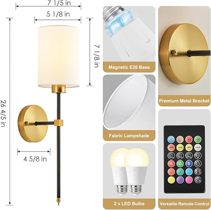 Battery Operated Wall Sconce Set of Two, Wireless Rechargeable Wall Light With Remote Control, Dimmable, 4 Color Temperatures, RGB, Timer, for Living Room,Bedroom,Entryway, Black Gold, 26.8 Inch