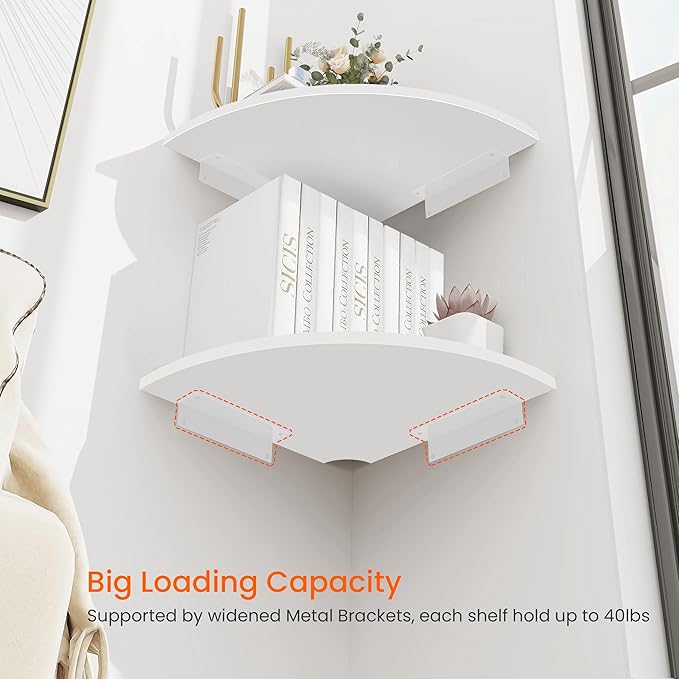Homode Corner Floating Shelves, Set of 4 Round Corner Shelf Wall Mount with Cord Hole, 12 Inch Wood Curved Hanging Shelf for Cable Box, Speaker, TV Cords, Books, Plants, White