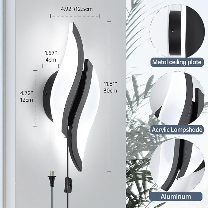 CANEOE Plug in Wall Sconces Set of Two 6000K Black Modern LED Wall Light Fixtures Acrylic Wall Sconce Lighting for Living Room Bedroom Bedside Bathroom Hallway Stairway Wall Lamp