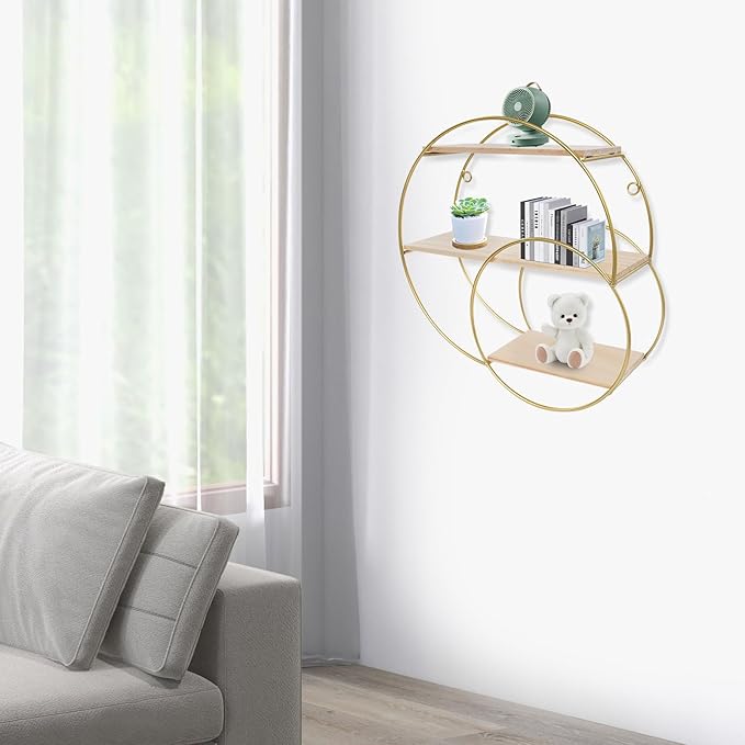 3 Tier Floating Circular Wall Decor Round Decorative Hanging Shelves,Round Wall Shelf,Rounds Shelves Wall Decor,Circle Shelf Set,Storage Display Rack,Hanging Circle Floating Shelves For Kitchen Round