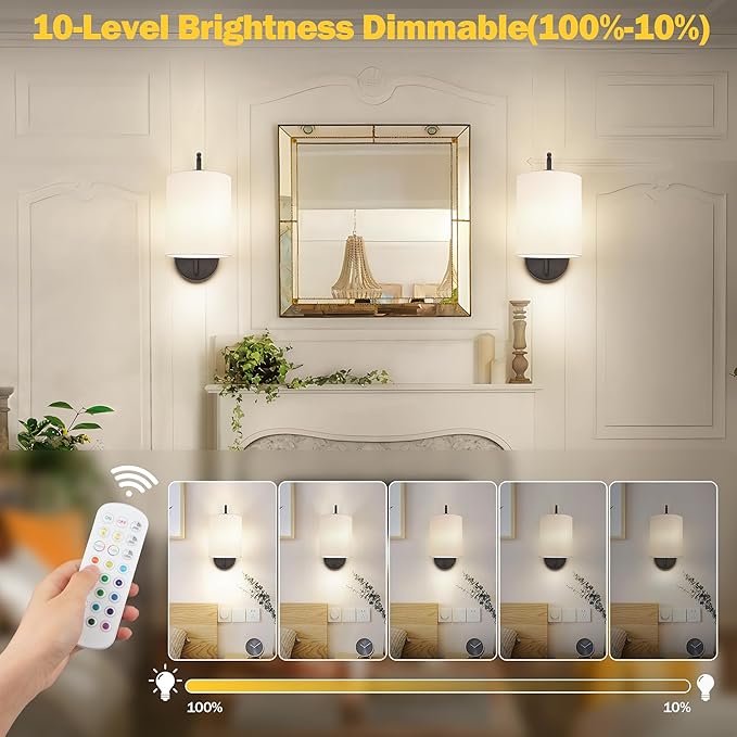 Battery Operated Wall Sconce Set of 2, Black Rechargeable Dimmable Wall Light Fixture Remote, 12 RGB Colors & Timer, Wireless Lamp White Shade