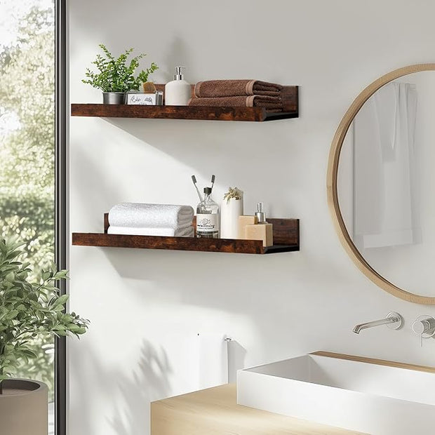 Muzilife 24" Small Floating Wall Ledge Shelves with Lip - Set of 2 Wood Floating Shelves - Honey Brown Wall Mounted Picture Ledge for Office, Bathroom, Bedroom, Living Room, Kitchen