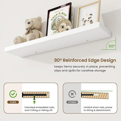 40in Floating Shelves for Wall, 40"W x 9.25"D x 1.25"H, 2 Pack Long Wall Mounted Engineered Wood Shelves with Invisible Brackets for Living Room, Bedroom, Bathroom, Kitchen Decor and Storage, White