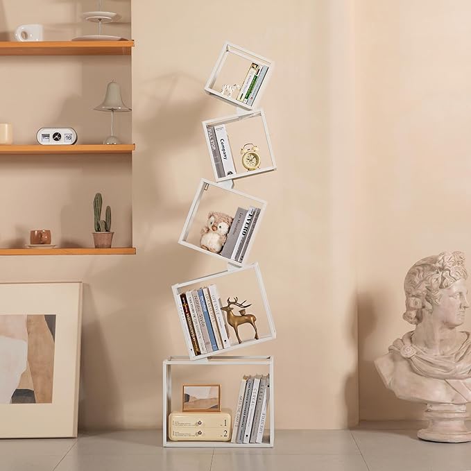 Bookshelf, Metal Bookcase 5-Tier 67", Modern Unique Floor Corner Book Shelf, Display Storage Bookcase for Living Room, Bedroom, Office, Home Decor
