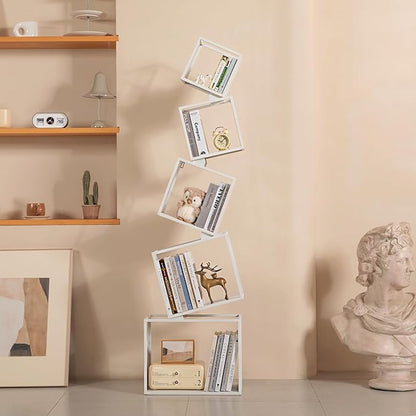 Bookshelf, Metal Bookcase 5-Tier 67", Modern Unique Floor Corner Book Shelf, Display Storage Bookcase for Living Room, Bedroom, Office, Home Decor