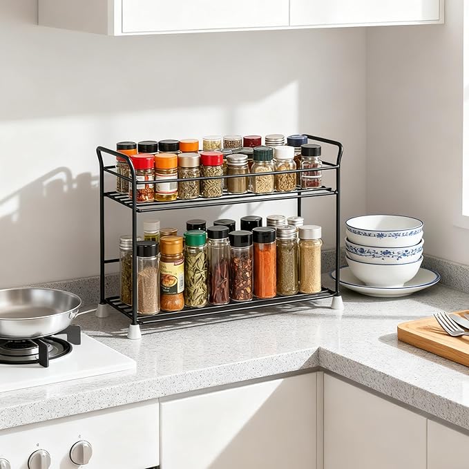 2 Tier Spice Rack Organizer for Countertop Sturdy Metal Standing Spice Storage Shelf Rack Seasoning Organizer Holder for Home Kitchen Cabinet Bathroom Bedroom Pantry Vanity Black