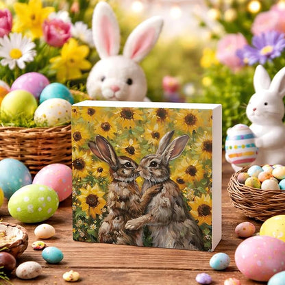 Easter Bunny Wooden Box Sign, Spring Rabbit Sunflower Farmhouse Desk Decor, Easter Decorations for Home Living Room Bedroom Shelf Tabletop Gift 5x5 Inch