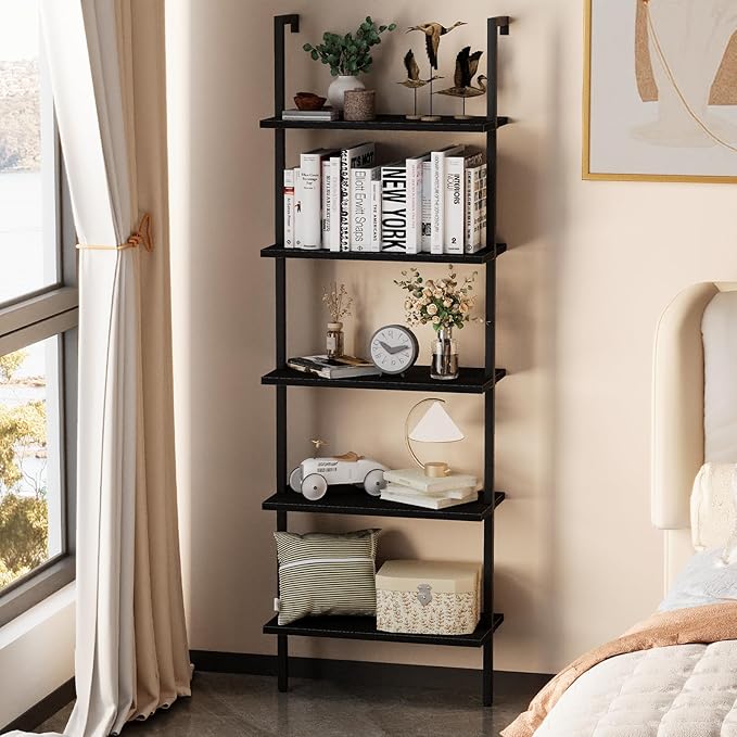aboxoo Ladder Shelf Open 5-Tier Bookshelf Wall-Mounted Black Wood Bookcase Storage Rack Open Industrial Modern Plant Stand Utility Organizer Bookcase Metal Frame Furniture Office Bedroom