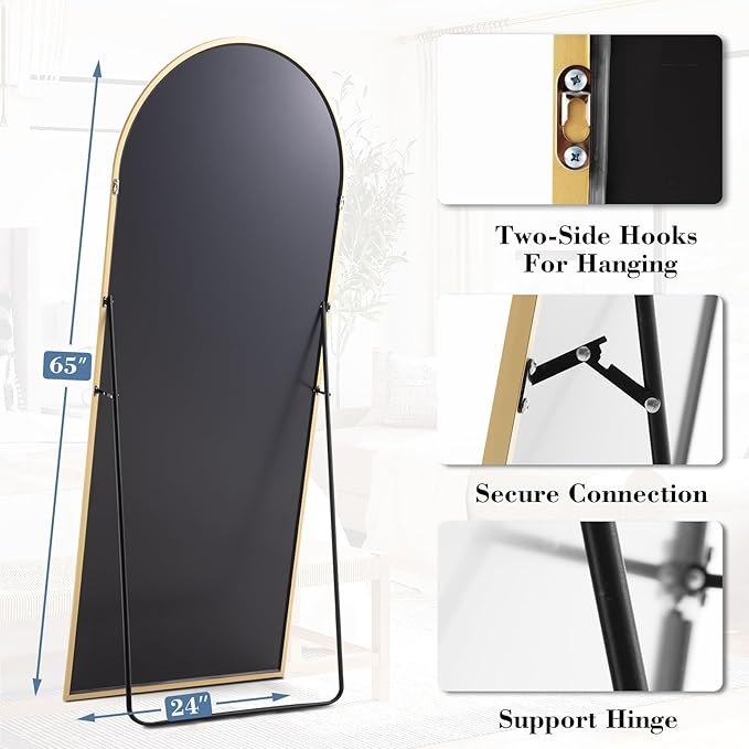 DUMOS Arched Full Length Mirror with Stand Floor Standing Aluminum Frame for Bedroom Body Hanging Leaning Modern Simple Home Decor Shatter-Proorf Nano Glass Wall Living Room Cloakroom Gold 65