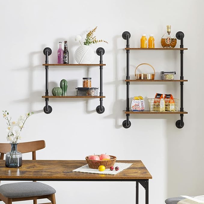 YMYNY Industrial Pipe Shelf Bracket, 2 Tiers Retro Wall Mounted Floating Shelf, Wood DIY Bookshelf, Storage Shelves for Living Room, Bedroom, 24