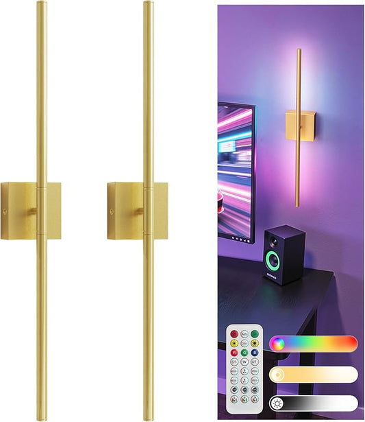 L LOHAS LED Battery Operated Wall Sconces Set of 2, Battery Wall Sconce 10000mAh, Gold Rechargeable Sconces 3CCT + RGB, 28.7 Inch Wireless Wall Lights, Sconce Wall Decor for Bedroom, Living Room