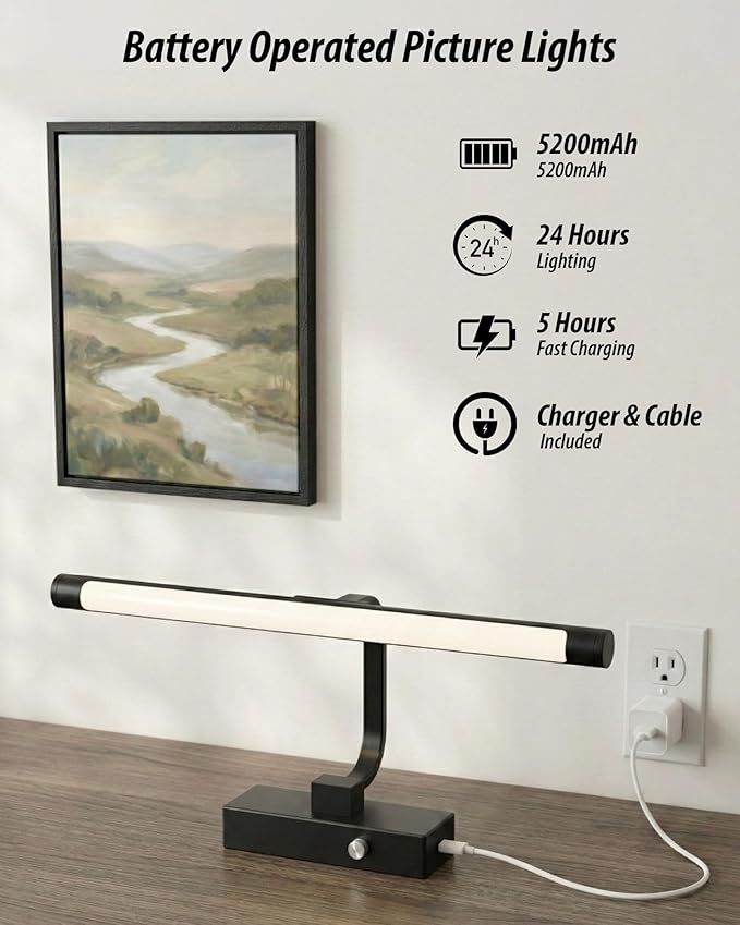 URSOLA 16“ Picture Lights for Wall, Black Battery Operated Picture Frame Light, Dimmable LED Light Over Picture Frame with 3 CCT, Display for Gallery, Living Room, Bedroom, Hallway
