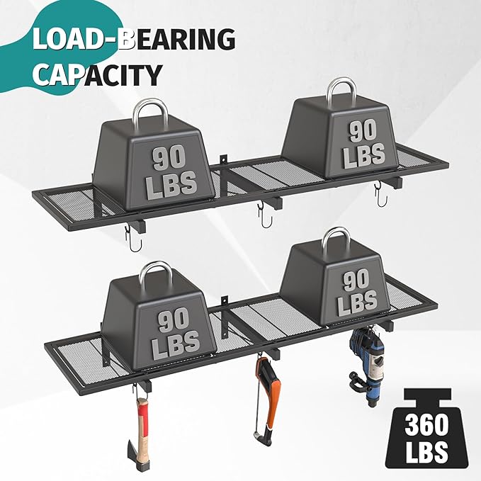 2 Pack Garage Wall Shelving, 46'' x 12.6'' Garage Shelf Wall Mounted, Heavy Duty Storage Shelves 360 LBS Capacity, Floating Storage Rack with 8 Hooks, Metal Shelf Organizer for Basement, Workshop