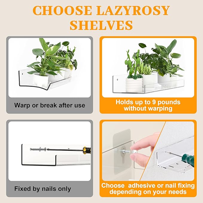 2 Pack Adhesive PET Floating Shelves for Wall, Living Room, Kitchen, Bathroom Organizers and Storage with Adhesive Hooks (for No Drilling) and Drilling Screws