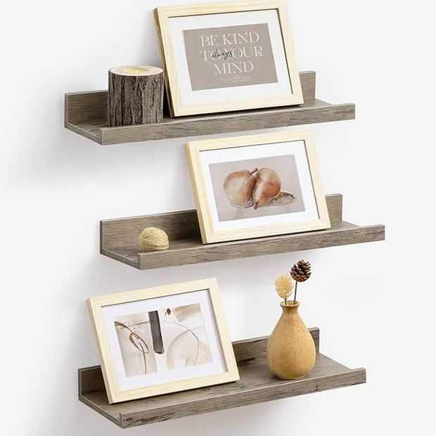 Axeman Picture Ledge Shelf | 16 Inch Grey Floating Shelves Set of 3 | Rustic Grey Wood Wall Shelves with Lip | 16" Picture Shelf for Wall with Ledge | Photo Shelves