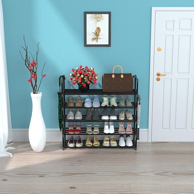 5 Tiers Metal Shoe Rack,Adjustable Shoe Shelf Storage Organizer with Hooks,Stackable Boot & Shoe Storage,for Entryway,Hallway,Closet,Black