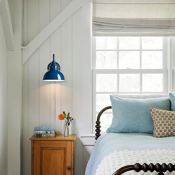 Blue Gooseneck Lighting Fixture with Wall Mount, Plug-in & Hardwire Optional Wall Lamp for Bedroom Coffee Bar