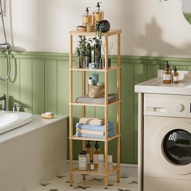 AmazerBath 5-Tier Bamboo Bathroom Shelf, Bathroom Standing Shelves, Multifunctional Shelving Unit for Living Room Bedroom Kitchen, Natural Color