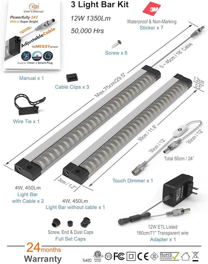 LED Under Cabinet Lighting Touch cabinet light Built-in Adjustable Cable No MESSY Wires! 3 Panel Counter Lights for Kitchen Garage Pantry Closet 3000K 1350Lm Super Bright Good for Timer Smart Plug