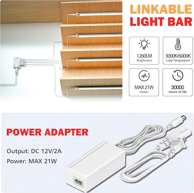 MYPLUS LED Under Cabinet Lighting, 6pcs 12inch Led Light Bar Kit with Warm White 1260 Lumen, 14W, LED Kitchen Counter Light Plug in for Kitchen Cabinet, Counter, Closet, Shelves, Desk