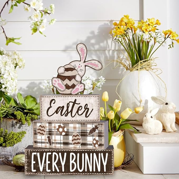 DIYDEC 4Pcs Easter Tabletop Decorations Rabbit Wooden Block Signs Bunny Tiered Tray Decor Happy Easter Centerpiece Farmhouse Wood Bunny Table Sign for Kitchen Home Office Party Decor