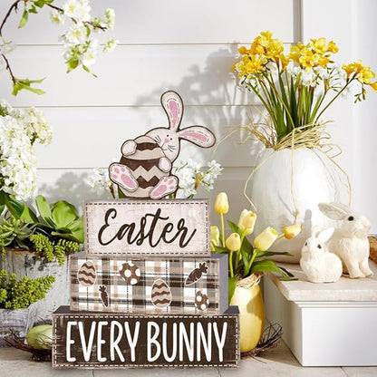 DIYDEC 4Pcs Easter Tabletop Decorations Rabbit Wooden Block Signs Bunny Tiered Tray Decor Happy Easter Centerpiece Farmhouse Wood Bunny Table Sign for Kitchen Home Office Party Decor