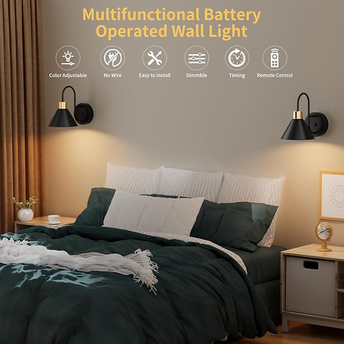 Frideko Rechargeable Wall Sconces Set of Two, 3 Color Dimmable Battery Operated Wall Lights with Remote, Black Wireless Wall Lamp with Timer, Indoor Sconce Lighting for Living Room Bedroom Picture