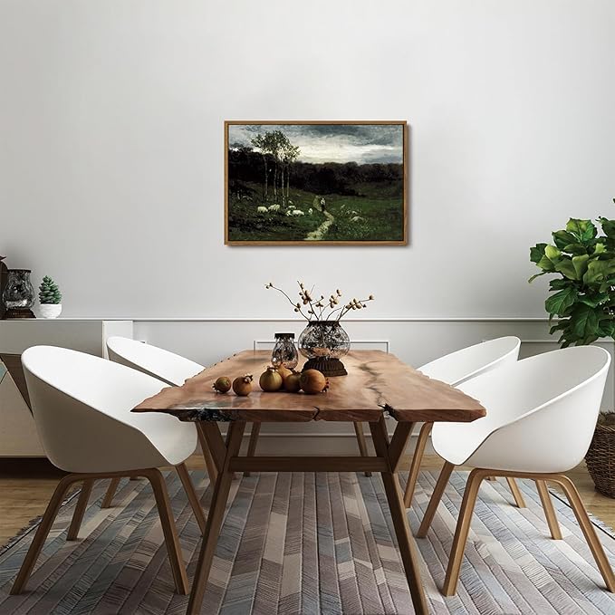 OIQArtOIQ Framed Vintage Landscape Wall Art Shepherd Natural Scenery Oil Painting Canvas Prints Country Farmhouse Aesthetic Decor Pictures for Kitchen Bedroom Living Room Bathroom