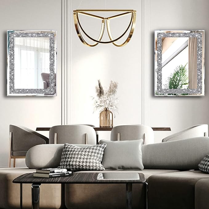 2 Piece Wall Mirrors, Crush Diamond Wall Décor Silver Decorative Mirrors for Living Room , Bedroom, Bathroom. (11”x15”)