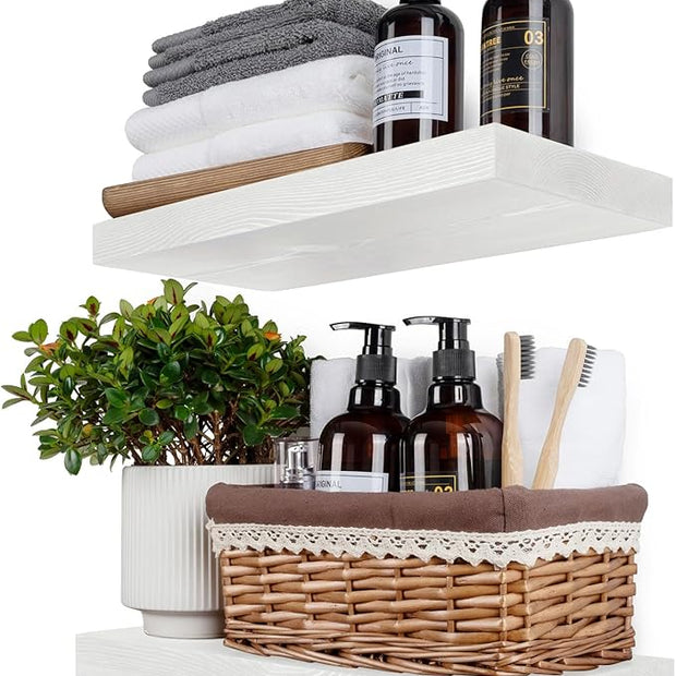 BGMG Wood Floating Shelves 18 inch,White Floating Shelves for Wall,Solid Wood Wall Shelves for Bathroom Living Room Bedroom Kitchen Farmhouse Set of 2-18x 6.7 x1.25 inch