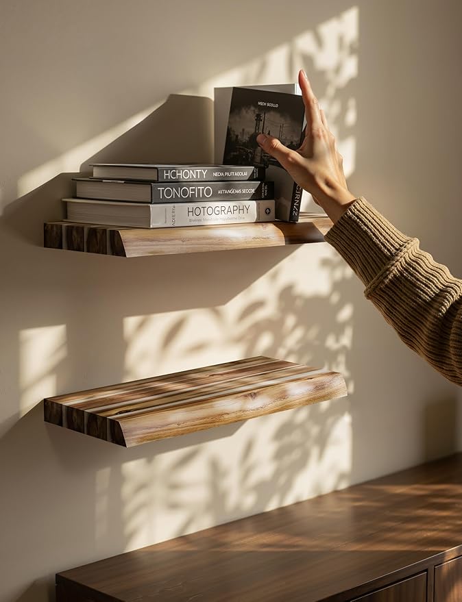 BATODA 17” Acacia Live Edge Floating Shelves, Wooden Floating Shelves for Wall - Set of 2 Floating Book Shelves, Book Shelf for Wall - Mounted Shelf, House Decor with Hardware (Natural Color)