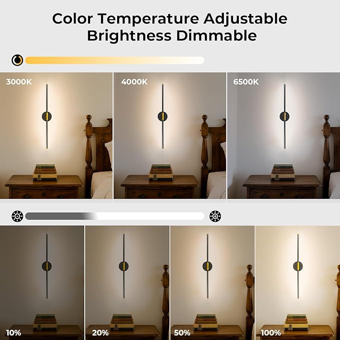 28" Battery Operated Wall Sconce, 360°Rotation Wireless Rechargeable Wall Lights with Remote Control, 3000K-6500K LED Detachable Wall Lamp for Bedroom, Hallway, Background Wall, Black Gold