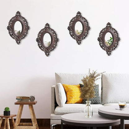 ZEXUIRU Set of 4 Wooden Rustic Wall Mirror Vintage Style Decorative Entry Mirror Farmhouse Wall Decoration for Living Room Bedroom Bathroom Kitchen