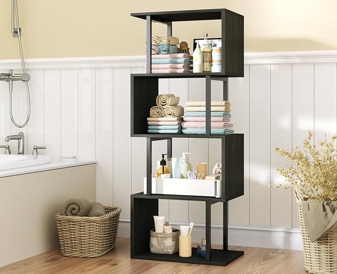 Furologee Geometric Bookshelf 5 Tier Bookcase, Industrial S-Shaped Display Storage Shelf for Small Space, Tall Metal Wood Decorative Standing Shelves for Bedroom, Living Room, Office, Black Oak