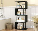 Furologee Geometric Bookshelf 5 Tier Bookcase, Industrial S-Shaped Display Storage Shelf for Small Space, Tall Metal Wood Decorative Standing Shelves for Bedroom, Living Room, Office, Black Oak