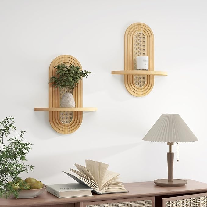 Wooden Arched Floating Shelf - Boho Decor Wall-Mouted Shelves Book Display Rattan Shelf for Bedroom Living Room Bathroom Nursery Home Office 14.5