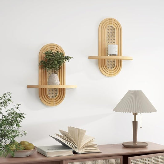 Wooden Arched Floating Shelf - Boho Decor Wall-Mouted Shelves Book Display Rattan Shelf for Bedroom Living Room Bathroom Nursery Home Office 14.5" x 11.6"
