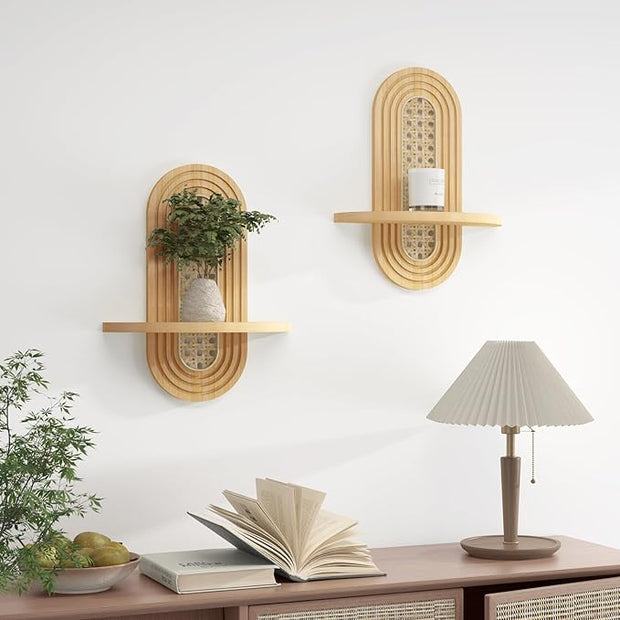 Wooden Arched Floating Shelf - Boho Decor Wall-Mouted Shelves Book Display Rattan Shelf for Bedroom Living Room Bathroom Nursery Home Office 14.5" x 11.6"