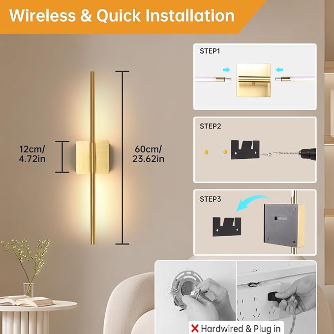 Battery Operated Wall Sconce Set of 2, 8000mAh Wireless Wall Sconces, 3000K-6000K Dimmable, 350°Rotate, Indoor Wall Lights for Bedroom Living Room Bathroom, Gold, 23.6 Inch