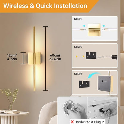 Battery Operated Wall Sconce Set of 2, 8000mAh Wireless Wall Sconces, 3000K-6000K Dimmable, 350°Rotate, Indoor Wall Lights for Bedroom Living Room Bathroom, Gold, 23.6 Inch