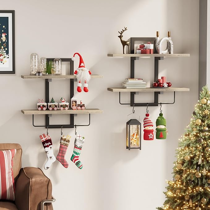 Floating Shelves, 15" Wall Shelf Set of 2, Hanging Bathroom Shelves 2-Tier, Wall Mounted Storage Shelves, for Living Room Bedroom Bathroom Kitchen Office Coffee Bar, Greige
