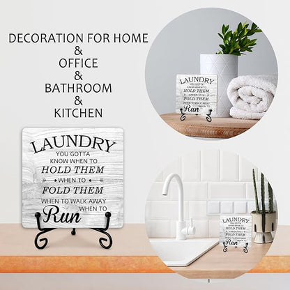 Laundry Room Sign With Iron Support, Home Bathroom Desk Laundry Room Decor Wood Sign Shelf Decor Farmhouse Housewarming Gifts Laundry You Gotta Know When to Hold Them Table Centerpiece - (a013)