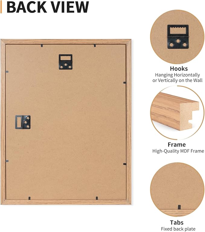 11x14 Picture Frame Set of 4, Displays 8x10 with Mat or 11x14 Without Mat, Photo Frames for Wall Hanging or Tabletop, Includes HD Plexiglass, Light Wood Grain